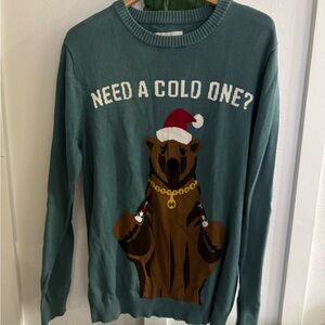Mossimo Supply Co. Teal Christmas sweater bear holding beers “Need A Cold One”
